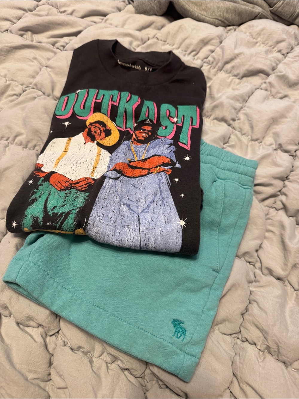 abercrombie kids Black OutKast Graphic Tee with Teal Shorts